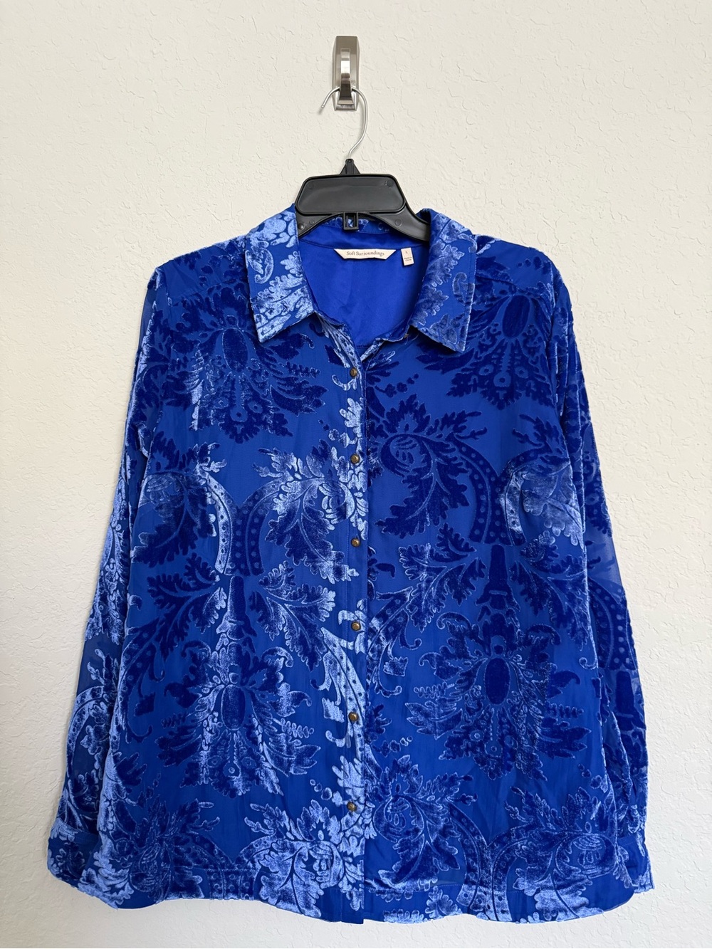 Soft Surroundings Royal Blue Velvet Burnout Button Up Top Size Large Damask Boho